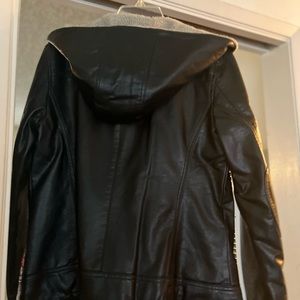 Women’s faux leather hooded biker style jacket